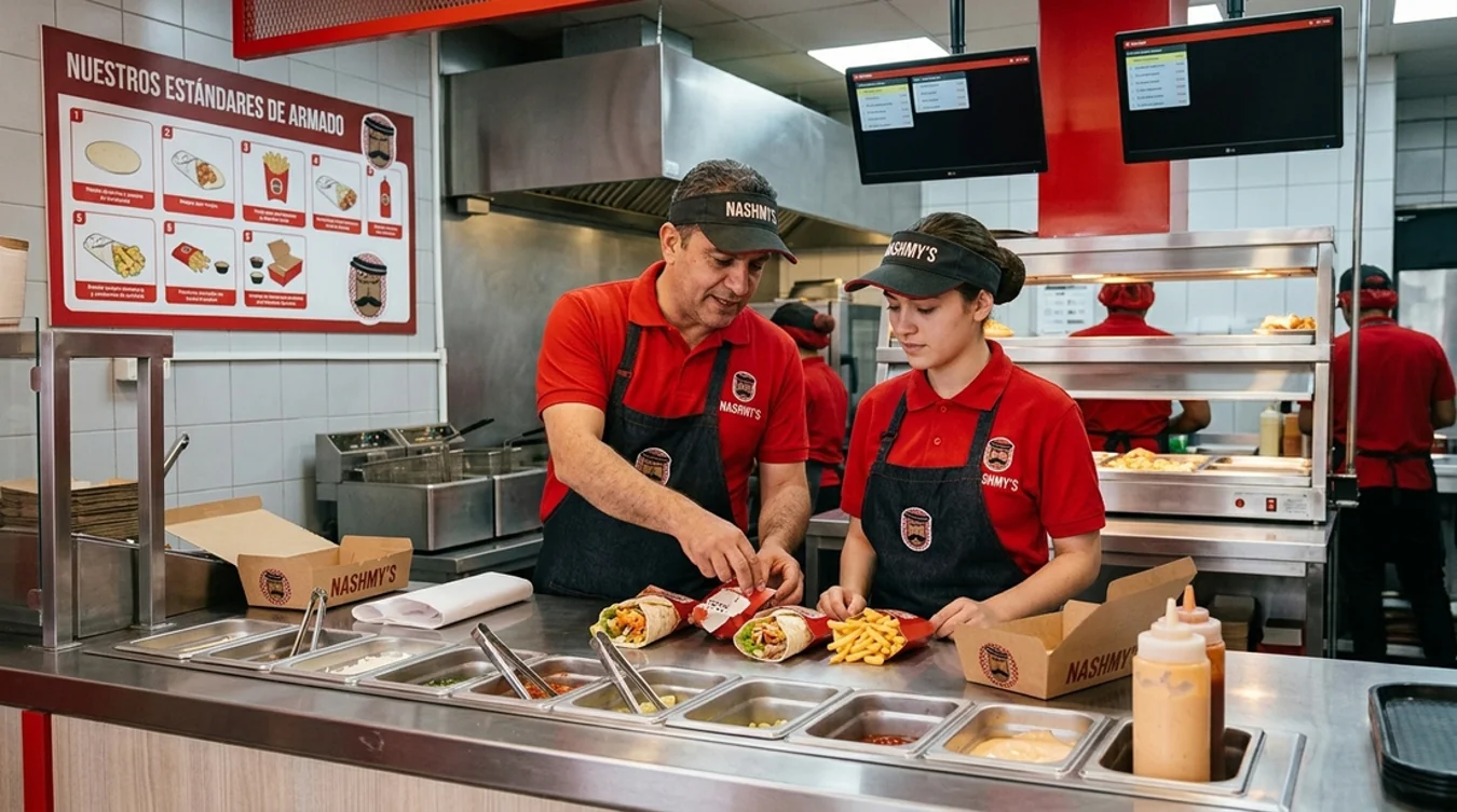 Equipo Nashmy's preparando shawarma junto al trompo